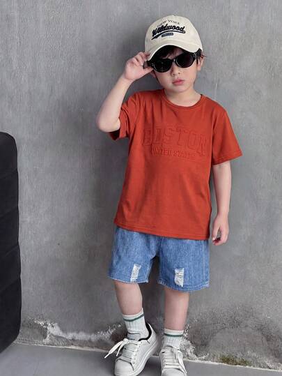 2pcs/Set Kids Boy Casual Versatile Comfortable Round Neck Loose Short Sleeve Knit T-Shirt And Denim Shorts Set
