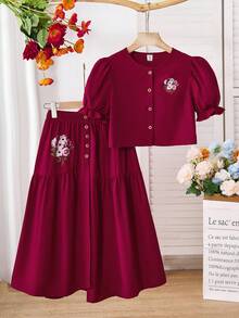 Bộ 2 món cho bé gái tuổi teen: áo tay cánh hoa in họa tiết và chân váy cài cúc bất đối xứng, trang phục thoải mái cho kỳ nghỉ xuân/hè. - Màu Đỏ Sâu - Xem 3