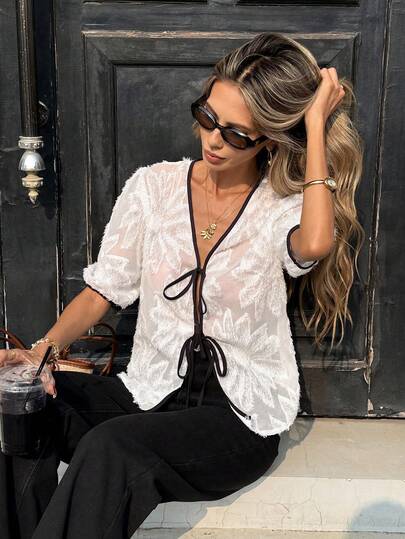 SHEIN PariChic French Elegant Woven Short Sleeve V-Neck Color Block Bow Tie Blouse For Women, Summer