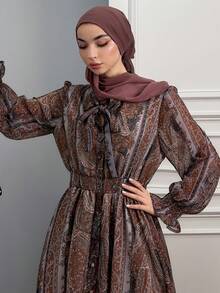 DAZY Đầm midi nữ kiểu vintage, tay lửng, thắt eo, cổ xếp ly. - màu nâu - Xem 9