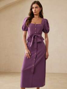 Revavyn 2pcs Set: Elegant Square Neck Collar Belted Top With Metal Buckle + Single-Breasted Maxi Skirt - Purple - View 4