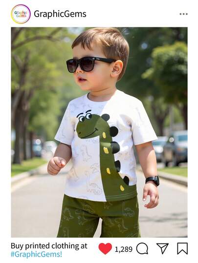 SHEIN Playful Pals 1 Set Toddler Cartoon Style Outfit, White Short Sleeve T-Shirt With Playful Green Dinosaur Print, Covered In Dinosaur Line Drawings, Paired With Green Shorts, Suitable For Daily Playtime, Spring/Summer Adorable Choice