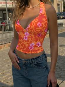 INAWLY Women's Sexy Floral Print Backless Halter Top For Vacation - Multicolor - View 4