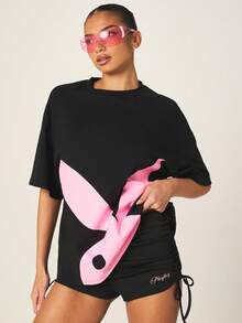 Missguided x Playboy 印花宽松短袖圆领纯棉T恤，适合日常休闲穿着，春夏系列 - 黑色 - 查看 4