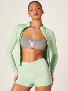 Missguided x Playboy High Waisted Athletic Shorts With Logo Print Perfect For Active Lifestyle And Summer Workouts - Green - View 4