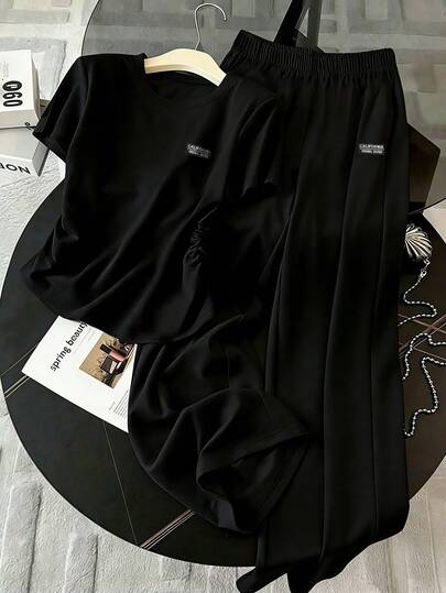 Sparklyn Conjunto de top corto de manga corta ajustado + pantalones de punto estampados, uso versátil para uso diario y deportes en casa para niñas preadolescentes