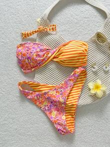 Swim Vcay 2026春夏女式荧光黄花卉+橙色条纹拼接可拆卸细肩带扭腰侧高衩比基尼套装，适合海滩摄影 - 彩色 - 查看 8