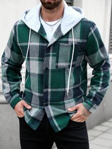 Manfinity Homme 男士加大码格子抽绳连帽休闲外套（不含T恤），男友礼物 - 彩色 - 查看 4