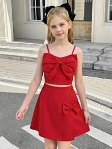 SHEIN 女童红色蝴蝶结无袖连衣裙：百搭休闲装，可爱幼儿/儿童连衣裙，饰有大蝴蝶结，非常适合生日、家庭聚会、玩耍和休闲外出。面料柔软，设计时尚，是日常穿着或小型庆祝活动的理想之选。 - 紅色 - 查看 3