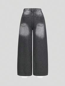 Tween Girls Denim Jeans,Grey Summer New Arrival Streetwear Back-To-School Fashion Casual Distressed Detailing Loose Straight Leg School Soft Pants - Black - View 2