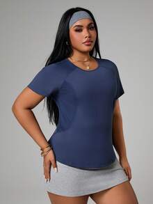 Rhythm Era Áo thun thể thao ngắn tay raglan màu trơn tối giản dành cho nữ cỡ lớn, thích hợp mặc mùa hè. - Màu xanh hải quân - Xem 6