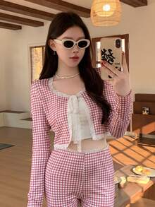 DAZY 两件套女士休闲格子撞色系带上衣和修身裤套装 - 紅色 - 查看 4