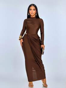 SOLERSUN Sexy Elegant Kink Decorative Buckle Side Stacked Pleated Fake Two-Piece Party Dress - Coffee - View 3