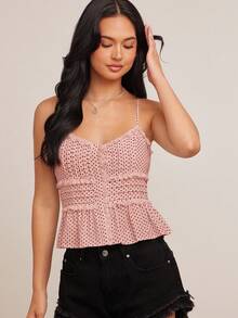 WESTFADE 波点蕾丝V领纽扣前襟褶皱荷叶边无袖波西米亚风吊带背心，西部纳什维尔牛仔风夏季海滩度假吊带衫，可爱早午餐装扮 - 淺粉色 - 查看 4