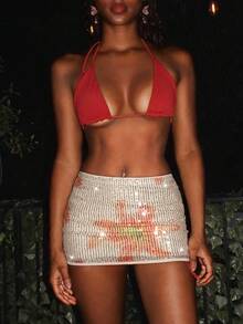 EgrlEra 女士性感紧身迷你裙，饰有串珠刺绣和印花图案 - 杏色 - 查看 5