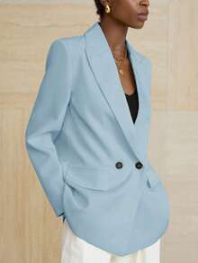 Aveloria Modichic Women's Business Style Solid Color Double-Breasted Blazer Jacket For Commuting, Autumn  - Baby Blue - View 4