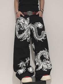 Manfinity EMRG Quần jeans nam ống rộng dáng suông họa tiết rồng Trung Quốc có túi, kiểu dáng thường ngày. - màu đen - Xem 4