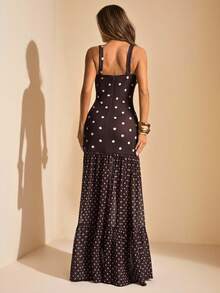 SHEIN BAE Đầm chấm bi nâu bất đối xứng, đầm dài ôm sát xuyên thấu, đầm chấm bi màu cà phê, đầm mùa hè kiểu Maillard, trang phục đại học màu nâu, đầm chấm bi hai dây hở lưng xẻ cao, đầm chấm bi, đầm dài đi biển nghỉ mát - màu nâu - Xem 2