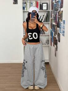 StreetHx Quần nỉ thể thao nữ phong cách punk, họa tiết chéo, cạp chun, ống rộng. - Màu Xám nhạt - Xem 4