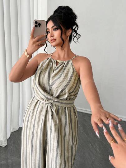 Elenzga Plus Size Women Casual Striped Jumpsuit, Waist Tie, Pearl Decor Neckline, Comfortable, Spring/Summer