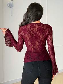 Islaluna 优雅蕾丝上衣 性感上衣 约会之夜上衣 开襟上衣 酒红色上衣 蝴蝶结上衣 夏季上衣 春假情人节沙滩上衣 优雅女士上衣 休闲女士红色上衣 - 酒紅色 - 查看 2
