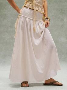 Bohemela 女士休闲纯色宽松梭织半身裙 - 杏色 - 查看 3