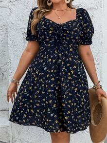 SHEIN VCAY Đầm maxi ngắn tay màu đen họa tiết hoa dành cho nữ cỡ lớn, cổ hình trái tim, dây rút phía trước. - Màu xanh hải quân - Xem 6