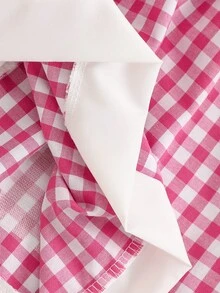 SHEIN Playful Pals 女婴夏季梭织连衣裙，可爱花卉刺绣无袖格子连衣裙，玫瑰红和白色，适合休闲、户外、派对穿着 - 玫紅色 - 查看 7