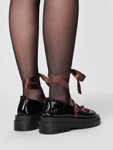 ROMWE Kawaii Women's Fashionable Sweet Bow Decor Lace-Up Flats - Black and red color matching - View 5