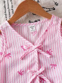 SHEIN LMoss Kids 2pcs Young Girl's Pink Elegant Woven Striped Bow Tie Vest And Shorts Set,Summer,Matching,Family Vacation,Stylish Casual Kids Outfits For Holidays - Multicolor - View 6