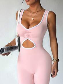 Dewbera Bộ jumpsuit ống loe màu đen dành cho nữ, thích hợp cho mùa xuân/hè, phối màu tương phản phía trước, xếp ly khoét lỗ, cạp cao, cổ chữ U, lưng chữ U, phù hợp cho mặc thường ngày, tập gym, yoga, chạy bộ. - Hồng - Xem 2