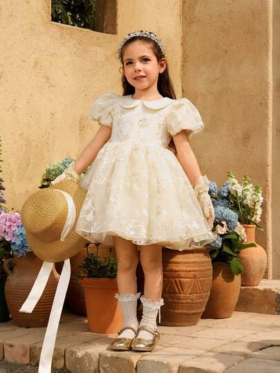 SHEIN Glamorique Kids Girls' Floral Waist Puff Tulle Dress, Elegant Party Dress With Puff Sleeves, Suitable For All Seasons