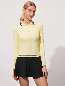 CourtClass Women's Striped Long Sleeve Single-Breasted Golf Polo Shirt - Cream - View 5