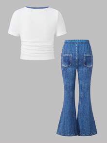 SHEIN 2pcs/Set Young Girls Round Neck Short Sleeve T-Shirt And Flared Pants,Back-To-School Summer Outfits For School Campus Sports & Street Style Wear - Blue - View 3