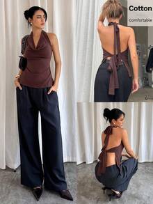 Siren Gaze Áo tank top màu nâu buộc dây hở lưng, áo tank top không tay cổ xếp ly cho nữ, áo cotton, áo kiểu mùa hè thoải mái, áo cổ yếm, áo kiểu thẩm mỹ, áo màu đất, áo cotton, áo dự tiệc, áo đi nghỉ mát, áo màu nâu sô cô la, áo màu nâu cà phê, áo màu nâu cho nữ, áo màu nâu đậm - màu nâu - Xem 1