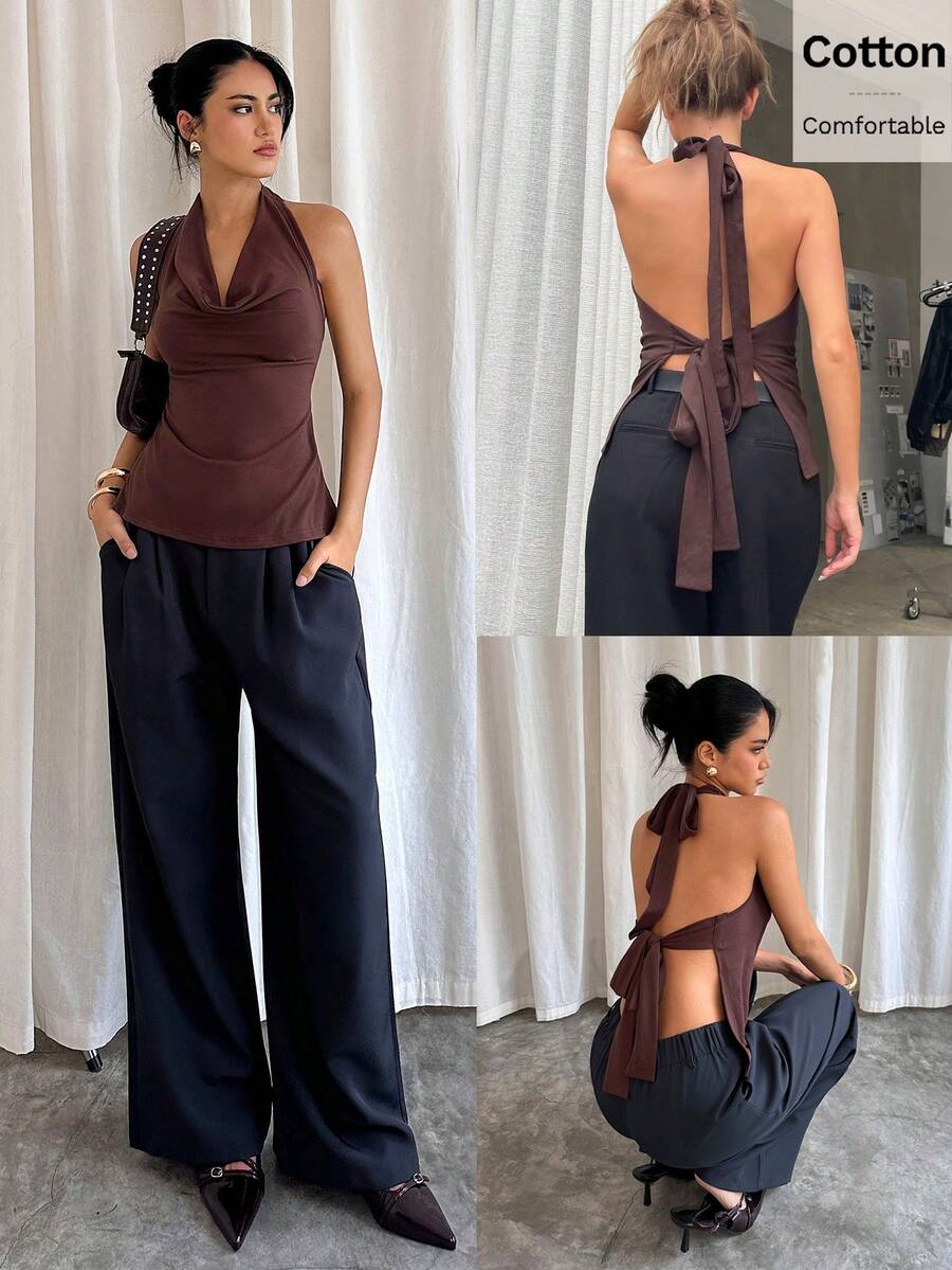 Siren Gaze Áo tank top màu nâu buộc dây hở lưng, áo tank top không tay cổ xếp ly cho nữ, áo cotton, áo kiểu mùa hè thoải mái, áo cổ yếm, áo kiểu thẩm mỹ, áo màu đất, áo cotton, áo dự tiệc, áo đi nghỉ mát, áo màu nâu sô cô la, áo màu nâu cà phê, áo màu nâu cho nữ, áo màu nâu đậm - màu nâu - Xem 1