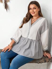 EMERY ROSE Blusa de mujer talla grande con rayas y patchwork, manga 3/4, blanca estilo boho para otoño y vacaciones, túnica casual, blusa elegante de negocios con volantes para verano - Multicolor - Ver 8
