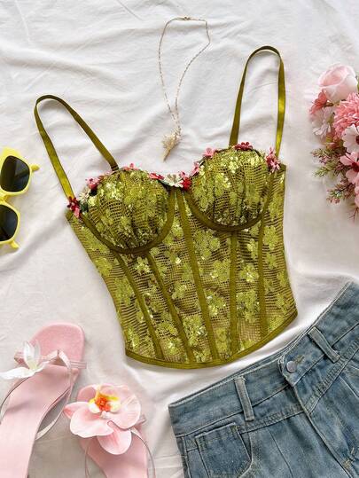 Soleia Spring/Summer New Casual Vacation Western Beach Wedding Guest Attire Graduation Brunch Women's Elegant Boho Tropical Chic Sparkly Top, Mesh, Embroidered, Date, Party Camisole