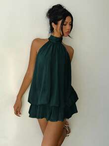 Aloruh 女士优雅浅黄色吊带系带迷你连衣裙 - 墨綠色 - 查看 7