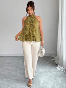 Elenzga Große Größen Elegante Bluse mit Rundhalsausschnitt und Rüschensaum für Damen, Frühling/Sommer - Grün - Übersicht 5