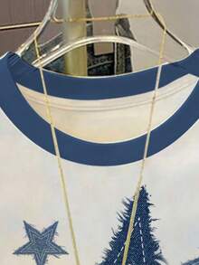 少女星形印花宽松休闲撞色圆领T恤，适合夏季、日常穿着、返校季、姐妹装、度假等场合。 - 彩色 - 查看 3