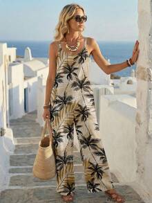 EMERY ROSE 女士杏色棕榈树印花阔腿连体裤 – 米兰波西米亚岛屿女孩复古风，适合西部音乐节、音乐会、海滩度假、婚礼宾客或城市旅行，无袖夏季款 - 彩色 - 查看 3