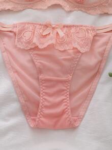 DelicateAllure 2pcs Pink Lace Patchwork Bra Set With Steel Rings, High Support, Gather & Lift, Cute & Charming Women Lingerie Set - Pink - View 4
