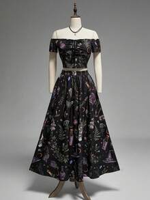ROMWE Spring/Summer Vacation Flower Gothic Dark Magic Plant Potion & Butterfly Crystal Print Off-Shoulder Cropped Top And Skirt Set For Women - Black - View 8