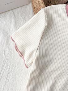 女童罗纹水果刺绣圆领短袖上衣和格子印花裤儿童睡衣套装 - 白色 - 查看 6