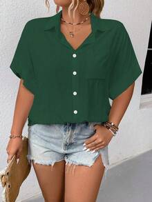 Elenzga Plus Size Women's Solid Color Lapel Single-Breasted Casual Versatile Daily Wear Short Sleeve Shirt - Dark Green - View 4