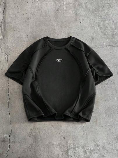 AXEPEAK Men's Casual Loose T-Shirt, Split Design With Embroidery, Black Short Sleeve, Summer