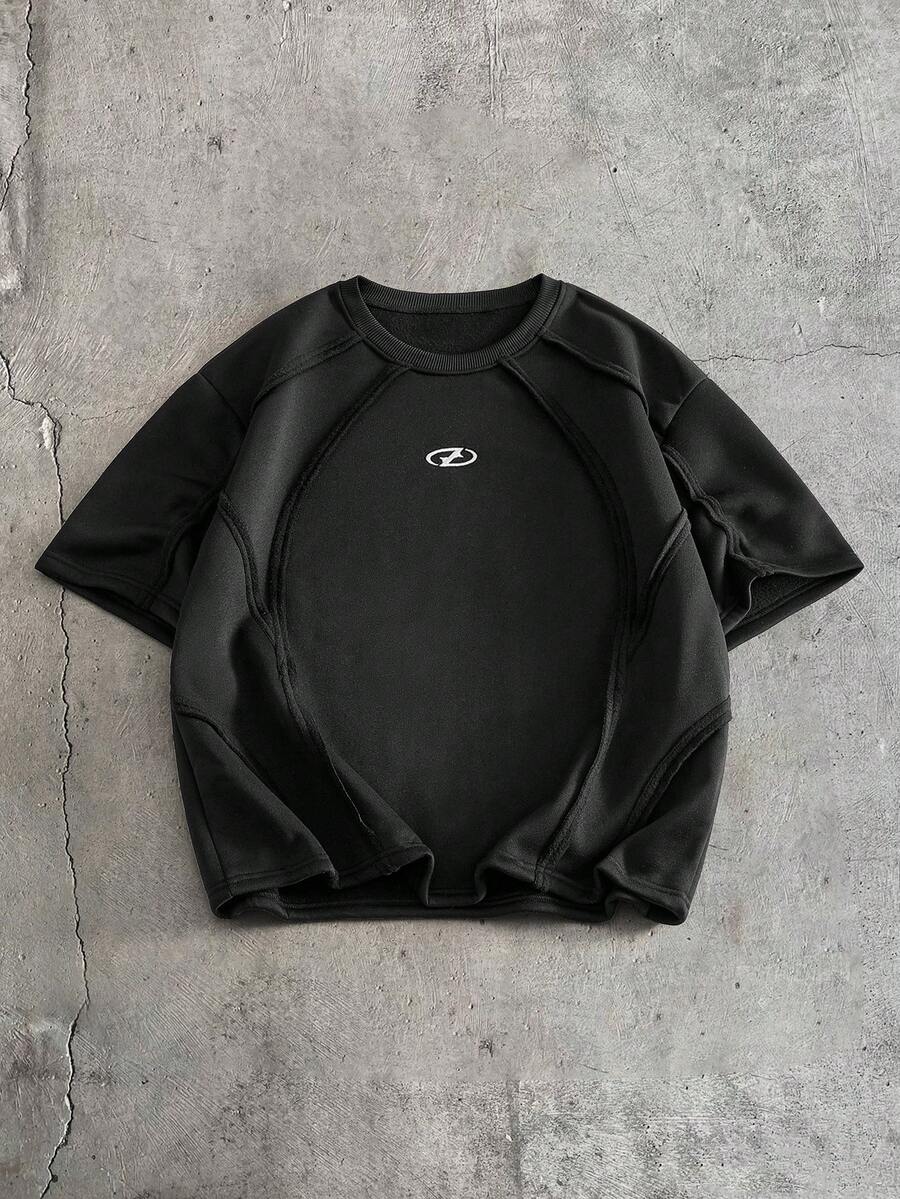 AXEPEAK Men's Casual Loose T-Shirt, Split Design With Embroidery, Black Short Sleeve, Summer - Black - View 1