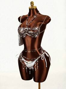 Sirith Conjunto de bikini con parte delantera anudada, espalda descubierta y cristales, estilo de vacaciones en la playa - Marrón - Ver 7