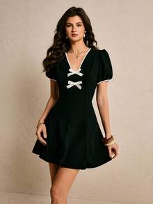 Poéselle Đầm ngắn nữ phối màu, thắt eo với nơ, thích hợp cho hẹn hò và đi chơi hàng ngày. - màu đen - Xem 5
